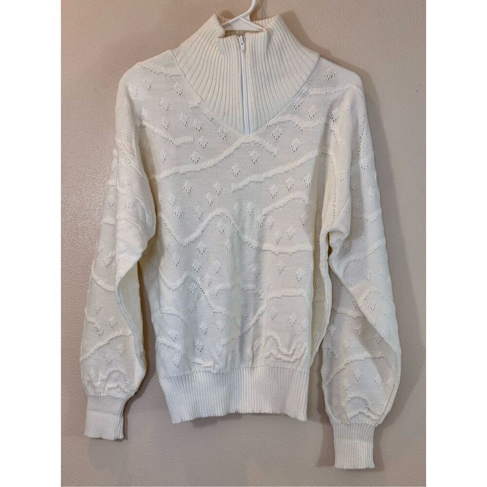 Vintage Nils 80's Cable Knit Wool Blend 1/4 Zip Up Off White Sweater Women's L